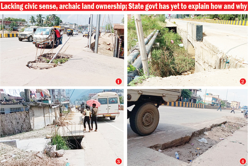 (1) A crumpled drainage slab at Ward-4, Chümoukedima.  (2) A drainage segment left uncovered at 6th Mile. (3) Another exposed drainage segment near second gate, Chümoukedima. (4) A strip of carriageway seen unpaved at 4th Mile. (Morung Photos)